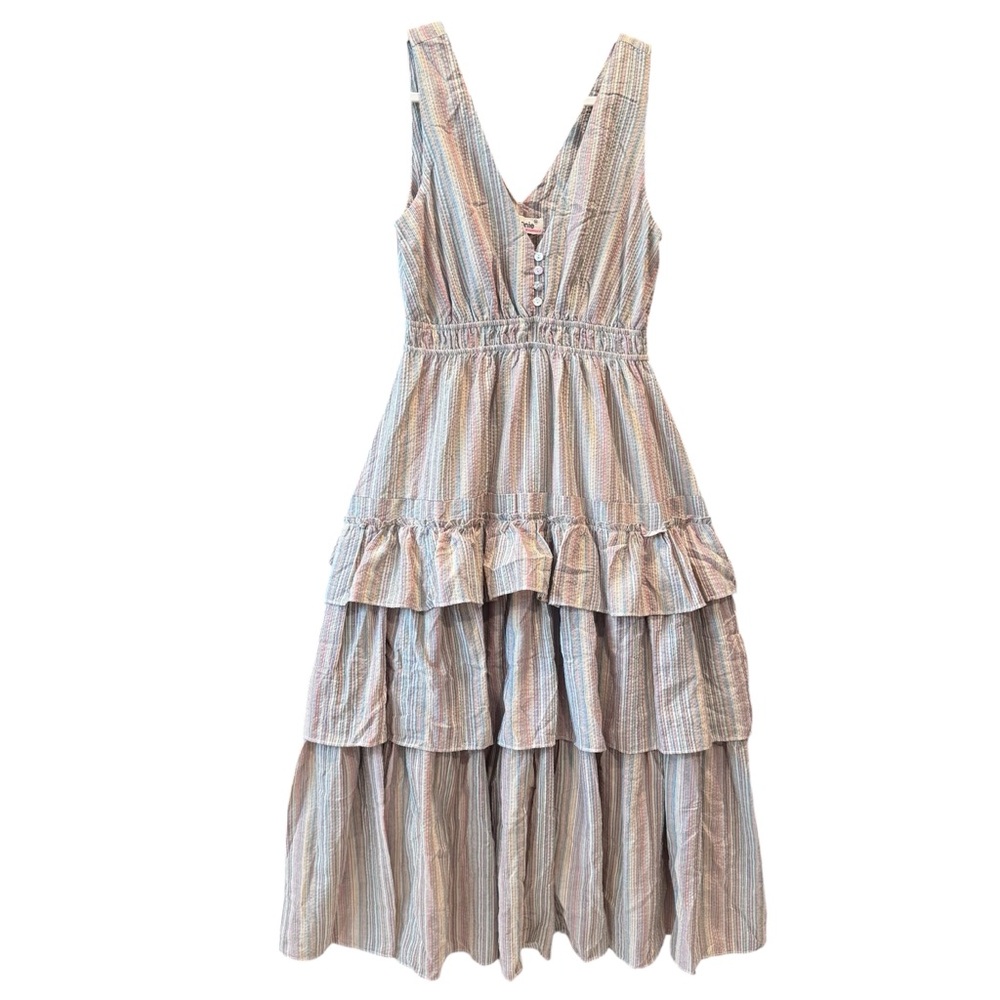 Maronie Striped Textured Maxi Tiered Ruffles Mother of Pearl Buttons, Medium